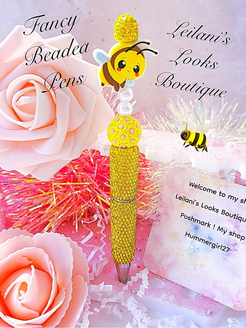 Yellow beaded pen with cute bee design/Fancy beaded pen/gifts/